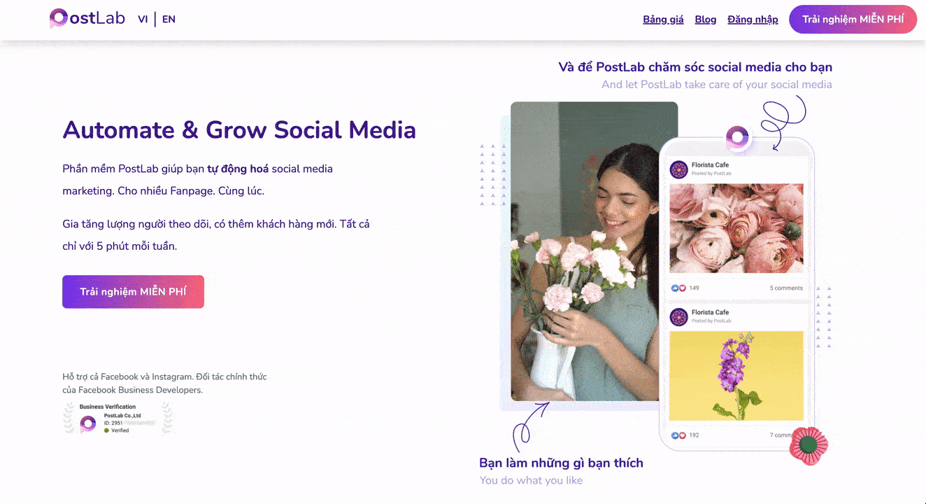 Landing page của PostLab tận dụng hình ảnh động để thu hút sự chú ý của người xem